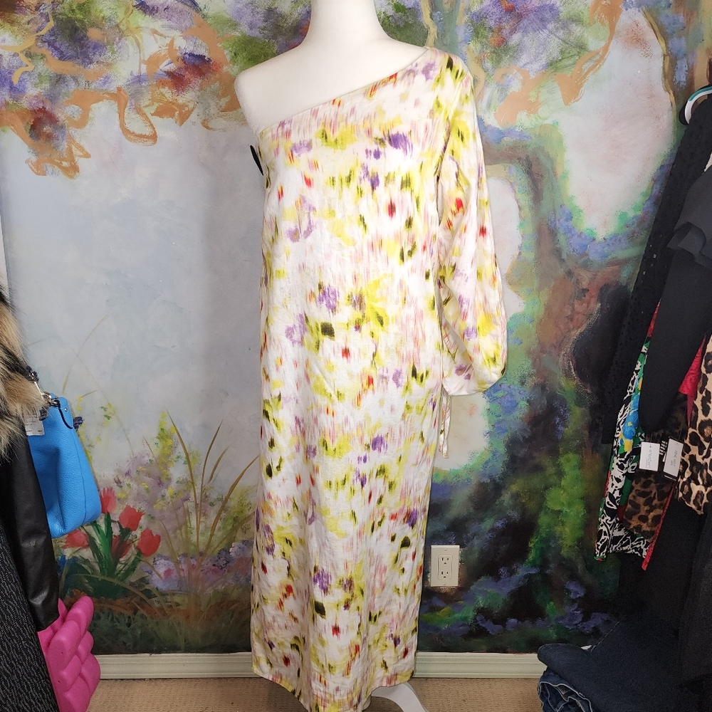NWT Future Collective Watercolor Print Maxi Dress One Shoulder Ruched Sleeve